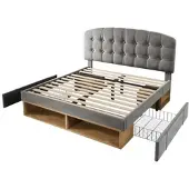 MODFU Gestoffeerd Tweepersoonsbed 140x190 cm – Verstelbaar hoofdbord & opbergruimte – Fluweel – Grijs