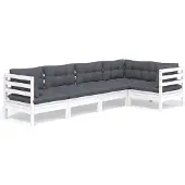 vidaXL 5-delige loungeset voor de tuin met kussens, wit, van grenenhout
