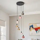 LumenXL 7-lichts hanglamp Monroe - zwart met amber, smoke en roze glas