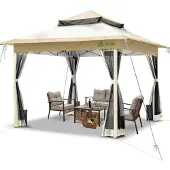 VOUNOT Paviljoen, inklapbaar, 3.6x3.6m, opklapbaar paviljoen, partytent, tuinpaviljoen, beige