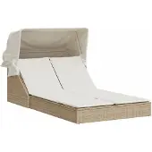 vidaXL Ligbed 2-persoons met luifel en kussens poly rattan beige
