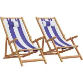 vidaXL Opklapbare stoelen, 2 stuks, blauw-witte stof en massief hout.