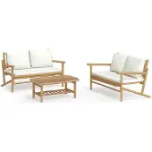 vidaXL 3-delige Loungeset met kussens bamboe crèmewit