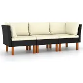 vidaXL Tuinset met 3 zitplaatsen, inclusief kussens, zwart, van polyrotan