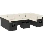 vidaXL 10-delige loungeset voor de tuin met kussens, zwart, polyrotan
