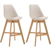 CLP Set van 2 barkrukken Cannes, bekleed met stof, met rugleuning en voetsteun | Kleur: crème, frame: naturel