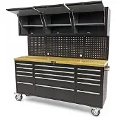 HBM werkbank 182 cm met 15 laden, kastenwand en achterwand, houten werkblad, zwart