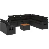 vidaXL 10-delige Loungeset met kussens poly rattan zwart