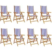vidaXL 8-delige set verstelbare klapstoelen, blauw-wit, met stoffen bekleding en massief hout