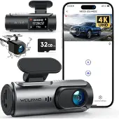 WOLFANG Dashcam 4K, dubbele lens, met Wi-Fi en 32 GB SD-kaart