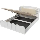 MODFU - Bedframe 140x200 cm – Wit met wolkenmotief, hydraulisch & LED – Wit spaanplaat