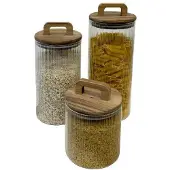 Bavary – voorraadpot – M – luchtdicht – acaciahout – geribbeld helder glas, handvat