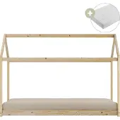 Sunny Zoey Bedhuisje van Hout in Houtkleur | Kinderbed in Huis Vorm Inclusief Hybrid Matras 90x200 (14 cm, Hybrid foam, polyester hoes) | Volledige afmetingen (LxBxH): 206 x 98 x 154 cm