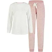 Louise Dames winter pyjama set lang badstof wit/roze gestreept
