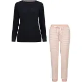 Louise Dames winter pyjama set lang badstof donkerblauw/roze gestreept