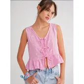 MixRay Gestructureerde V-hals Crop Blouse met Strik