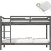 Sunny Jip Stapelbed van Hout in Grijs | Kinderbed Inclusief 2 Hybrid Matrassen 90x200 (14 cm, Hybrid foam, polyester hoes) | Volledige afmetingen (LxBxH): 208 x 97 x 140 cm