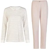 Louise Dames pyjama set lang interlock wit/roze gestreept