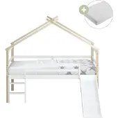 Sunny River Bedhuisje van Hout met Glijbaan, Bruin/Wit | Halfhoog Kinderbed / Halfhoogslaper Inclusief Hybrid Matras 90x200 | Volledige afmetingen (LxBxH): ca. 213 x 186 x 183 cm (inclusief Glijbaan)