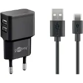 Pro USB-A thuislader met 2 poorten en losse USB-C kabel - 2,4A / zwart - 1 meter