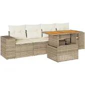 vidaXL 5-delige tuinmeubelset met kussens, beige, van polyrotan