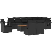vidaXL 11-delige tuinmeubelset met kussens, zwart, polyrotan