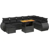 vidaXL 9-delige tuinmeubelset met kussens, zwart, polyrotan