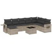 vidaXL 9-delige tuinmeubelset met kussens, lichtgrijs, polyrotan