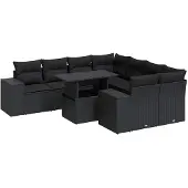 vidaXL 9-delige tuinmeubelset met kussens, zwart, polyrotan