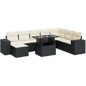 vidaXL 9-delige tuinmeubelset met kussens, zwart, polyrotan
