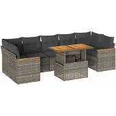 vidaXL 8-delige tuinmeubelset met kussens, grijs, polyrotan, acaciahout