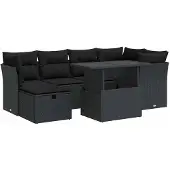 vidaXL 7-delige tuinmeubelset met kussens, zwart, polyrotan