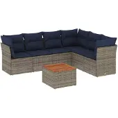 vidaXL 7-delige tuinmeubelset met kussens, grijs, polyrotan