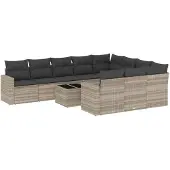 vidaXL 11-delige Loungeset met kussens poly rattan lichtgrijs