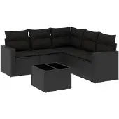 vidaXL 6-delige Loungeset met kussens poly rattan zwart