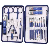 INF Diepblauwe 19-delige Nagelknipset, Professionele Manicure Set van Roestvrij Staal