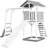 Axi Beach Tower Speeltoestel van hout in Grijs en Wit | Speeltoren met zandbak, klimrek en witte Glijbaan | Speelhuis op palen voor de tuin
