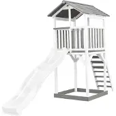 Axi Beach Tower Speeltoestel van hout in Grijs & Wit | Speeltoren met zandbak en witte Glijbaan | Speelhuis op palen voor de tuin