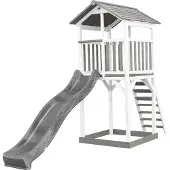 Axi Beach Tower Speeltoestel van hout in Grijs & Wit | Speeltoren met zandbak en grijze Glijbaan | Speelhuis op palen voor de tuin