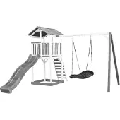 Axi Beach Tower Speeltoestel van hout in Grijs en Wit | Speeltoren met zandbak, nestschommel en grijze Glijbaan | Speelhuis op palen voor de tuin
