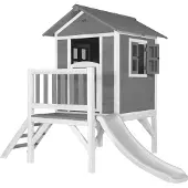 Axi Speelhuis Beach Lodge XL Grijs met witte Glijbaan | Speelhuis op palen met veranda gemaakt van FSC hout | Klein speeltoestel voor de tuin