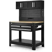 HBM werkbank 114 cm met 3 laden, kastenwand en achterwand, zwart