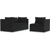 vidaXL 3-delige Loungeset met kussens poly rattan zwart
