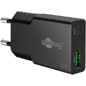Goobay 75733 USB-C PD GaN dubbele snellader, slank (25 W), zwart - 1x USB-C-aansluiting (Power Delivery) en 1x USB-A-aansluiting (Quick Charge)