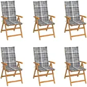 vidaXL Inklapbare stoelen 6 st met grijs geruite kussens