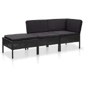 vidaXL 3-delige loungeset voor de tuin met kussens, van polyrotan, zwart
