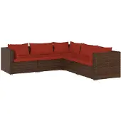 vidaXL 5-delige Loungeset met kussens poly rattan bruin