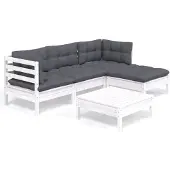 vidaXL 5-delige loungeset voor de tuin met kussens, wit, van grenenhout