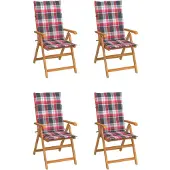 vidaXL Inklapbare stoelen 4 st met rood geruite kussens