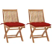 vidaXL Inklapbare stoelen 2 st met rode kussens massief teakhout